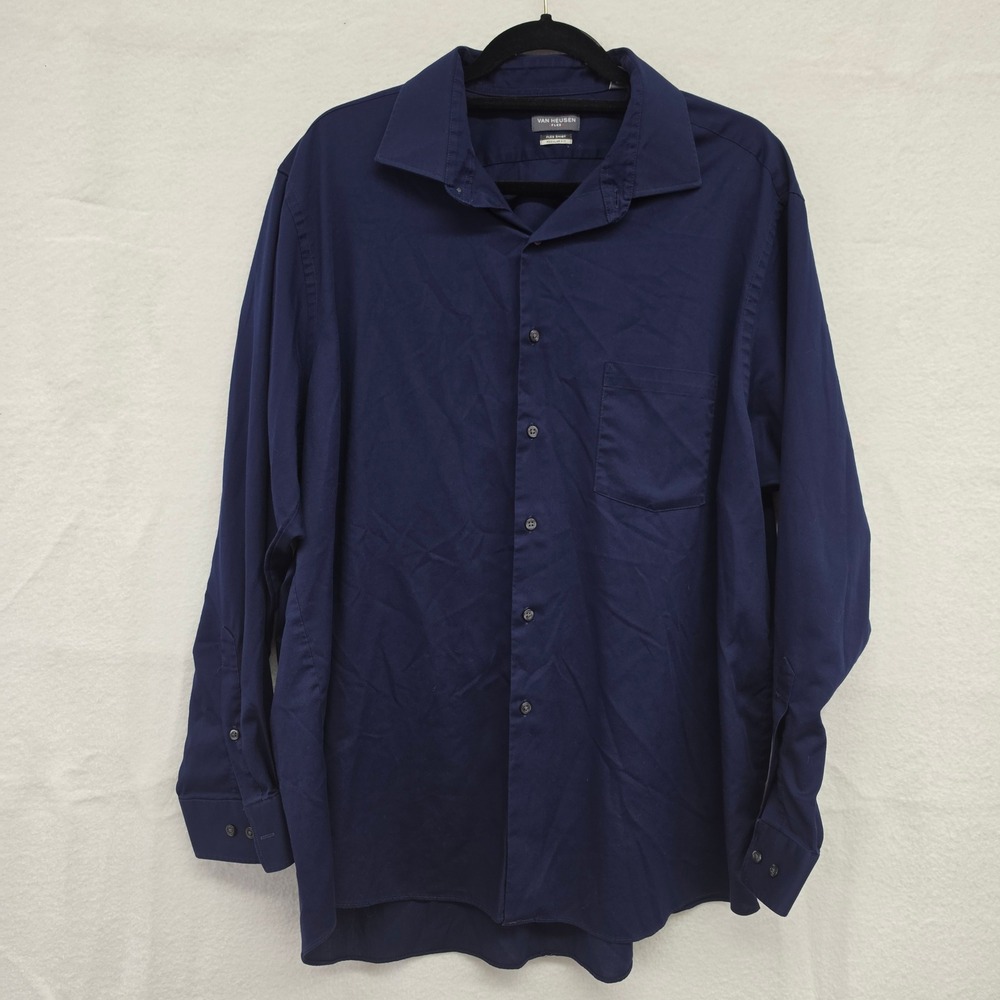 Van Heusen Flex Shirt 17.5 34/35 Navy Blue Regular Fit Long Sleeve Button Up